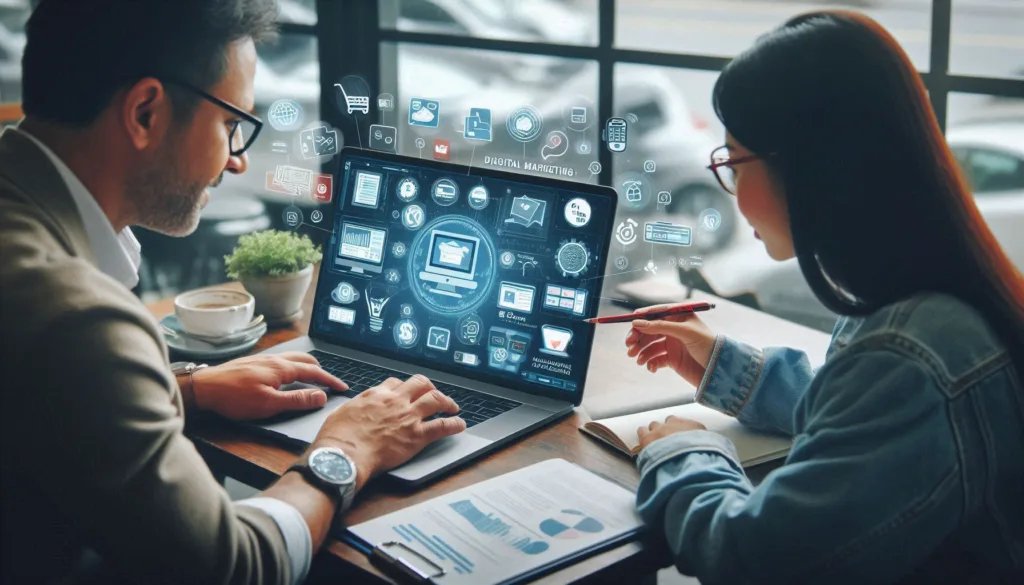 A small business owner in New Brunswick discussing digital marketing strategies with a consultant. They are reviewing a laptop screen displaying e-commerce platforms and digital marketing tools. The image represents the Canadian Adoption Grant for Di
