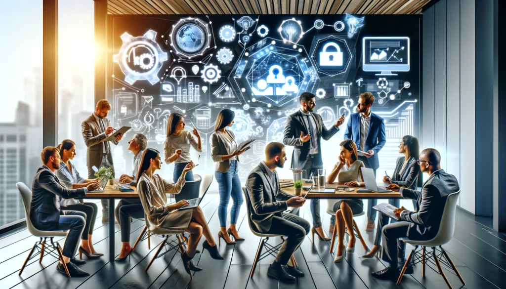 A group of diverse professionals in a modern office environment engaged in digital marketing tasks: strategizing with digital marketing tools, discussing digital marketing jobs, participating in a digital marketing course, and providing comprehensive