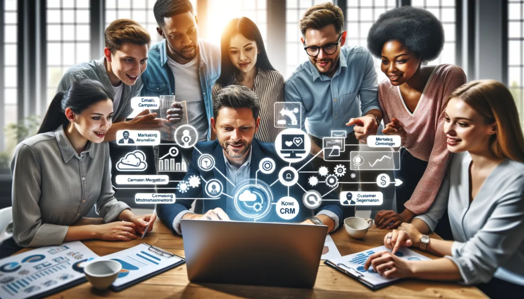 A team of diverse small business owners collaboratively working on a laptop, exploring marketing automation tools and strategies. They are engaging with a CRM interface on the screen, highlighting features such as email campaign management and custom