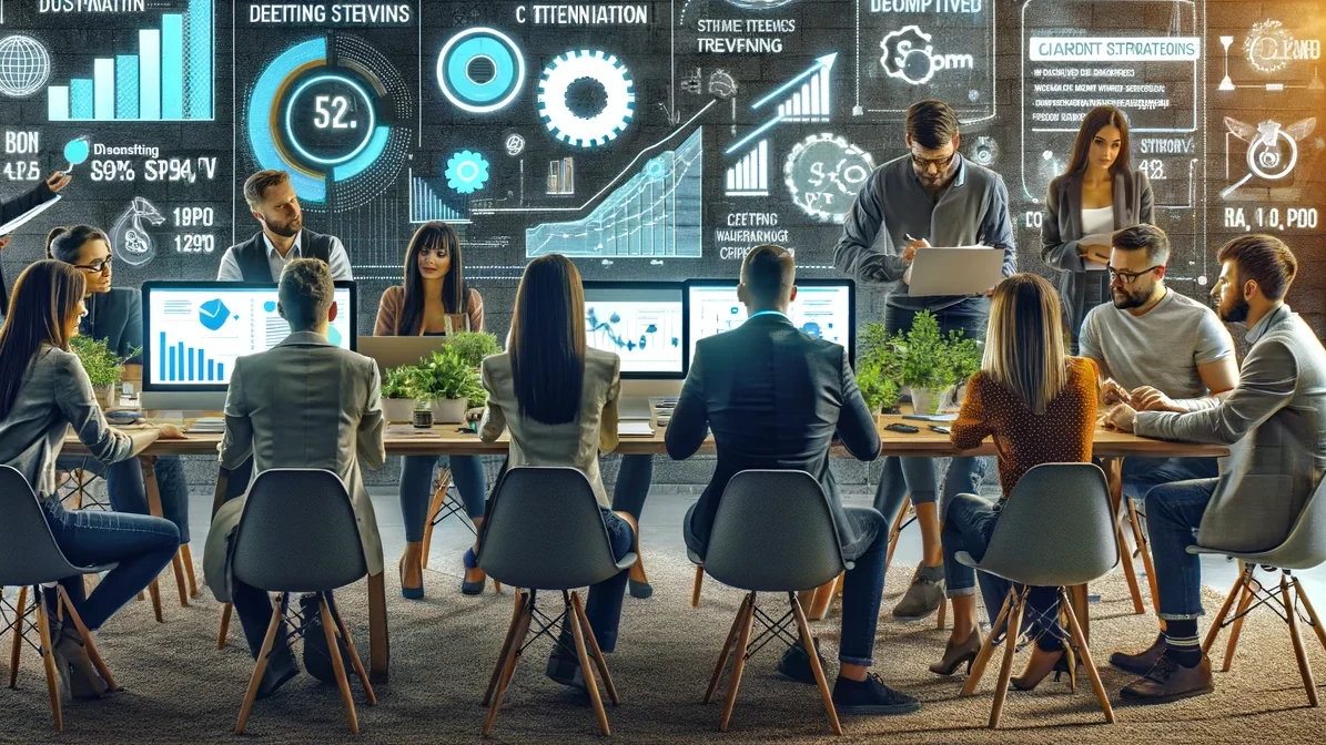 A dynamic team of digital marketing professionals gathered in a modern Moncton office, strategizing over the launch and growth of their agency. They're surrounded by screens displaying the latest trends and pricing strategies, while engaging in discu