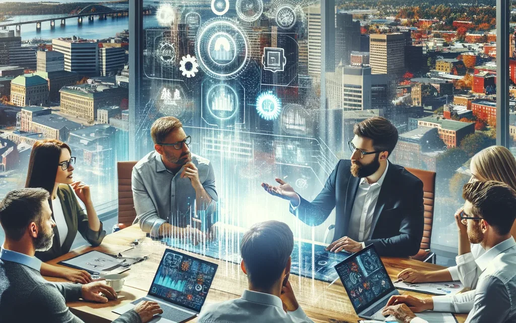 Image of a diverse group of professionals conducting a digital marketing meeting in an office setting in Moncton, with a cityscape view in the background, showcasing a blend of modern technology and the dynamic economic environment of the city. Keywo