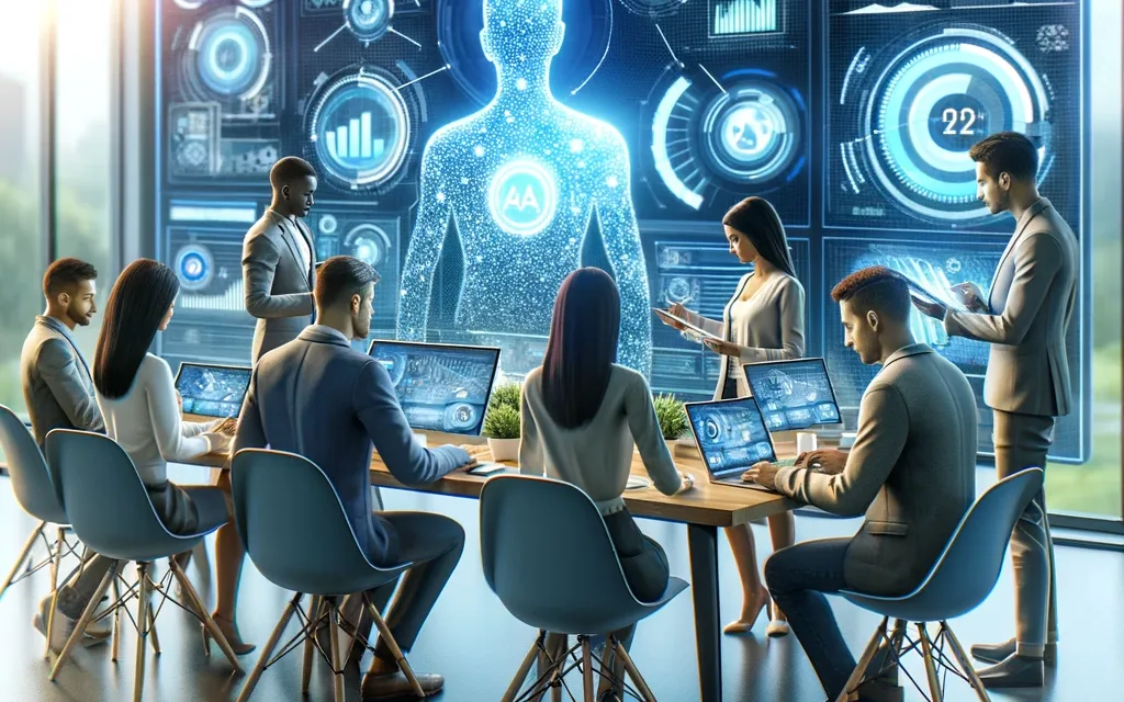 An image showcasing a team of digital marketing professionals in a modern, vibrant office setting in Atlantic Canada. They are engaged in a collaborative session, utilizing advanced AI tools on their digital devices for hyper-personalization strategi