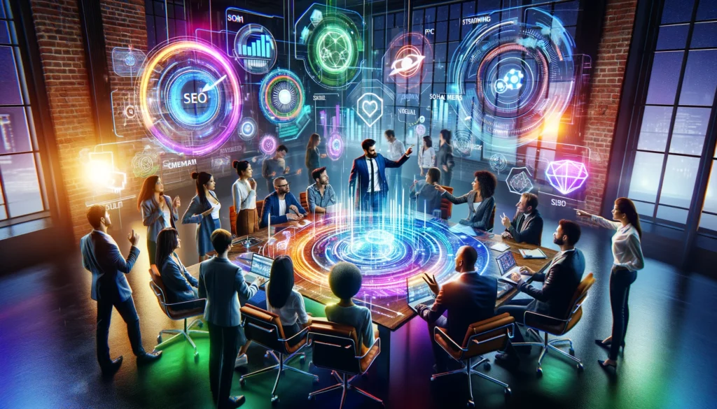 A vibrant and dynamic scene capturing a diverse team of marketing professionals from Mimra Digital Solutions engaged in a strategic meeting. The room buzzes with creative energy as they stand around a futuristic, holographic table displaying interact