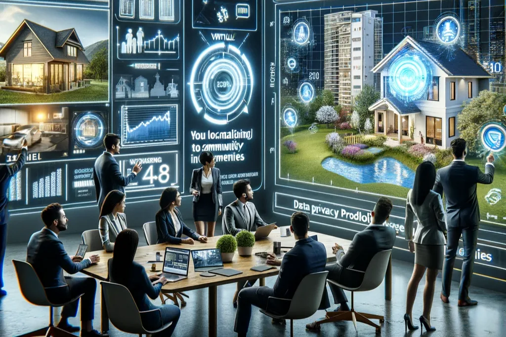 An image depicting a dynamic real estate marketing team engaged in a strategy meeting, focusing on Advertising Real Estate Marketing Strategies. The scene includes professionals discussing over a virtual real estate tour displayed on a large screen,