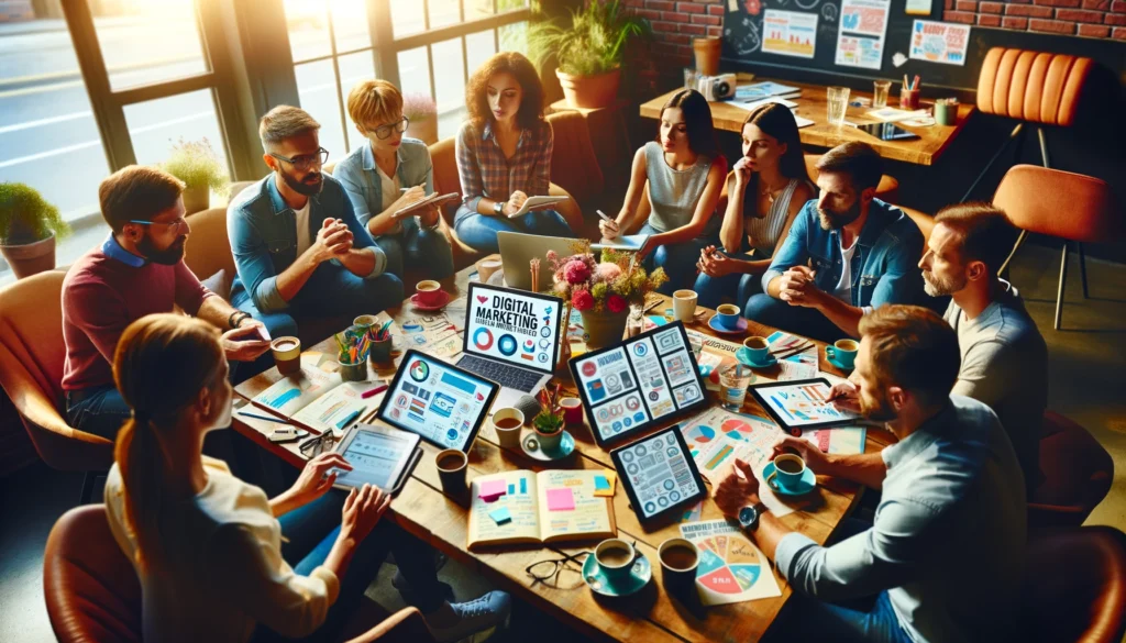 A vibrant brainstorming session among small business owners in a cozy cafe, surrounded by digital devices and marketing materials. They're sharing insights and innovative digital marketing strategies, each contributing their unique perspective to the