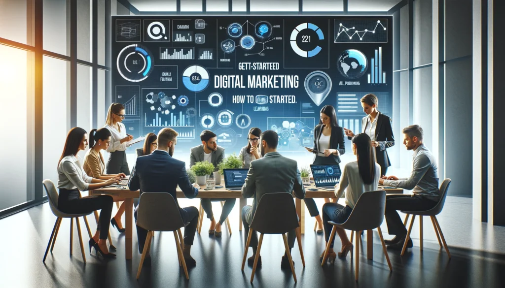 A group of engaged professionals collaboratively working on a digital marketing strategy in a modern office, surrounded by digital devices displaying analytics data. The scene highlights the team's focus on learning digital marketing fundamentals, ch