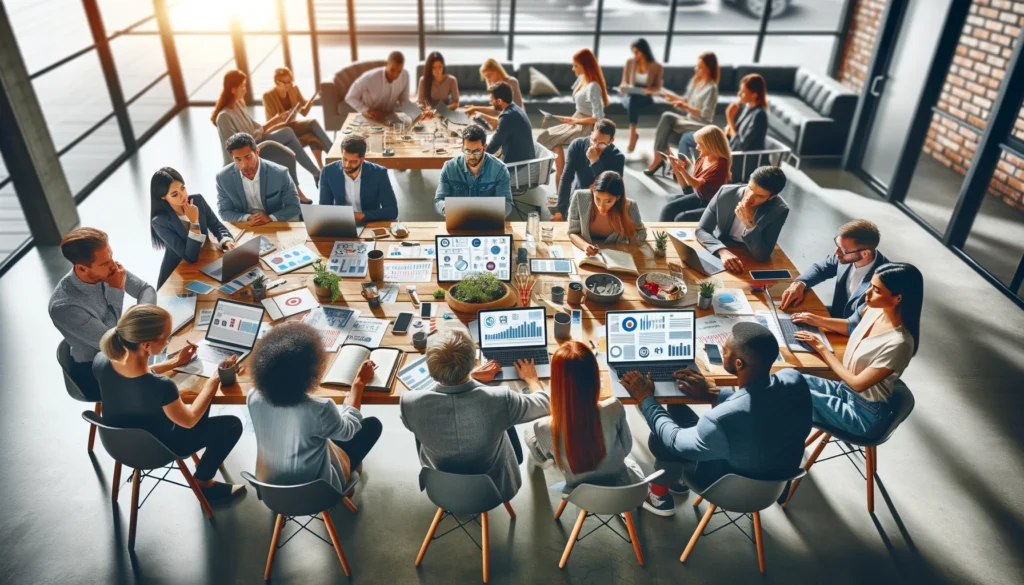 A group of diverse professionals in a modern, brightly lit office space, gathered around a large table filled with laptops, digital devices, and marketing materials. They are actively engaged in a digital marketing strategy session, focusing on creat