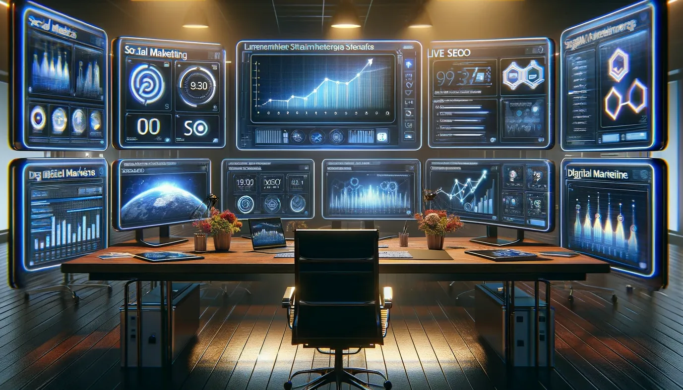 A professional digital marketing workspace with multiple screens displaying futuristic Instagram SEO strategies, graphs, and data. The room is modern and sleek, with ambient lighting highlighting the advanced technology used for digital strategy. The