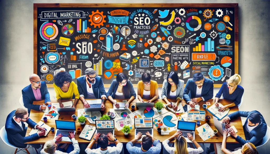 A group of diverse small business owners collaboratively planning their digital marketing strategies for small business in a vibrant workspace. They're actively engaged in discussions over a large table littered with laptops, notes, and colorful info