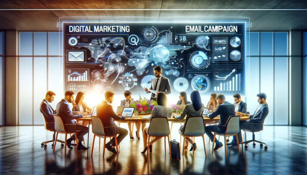 A modern office scene with a group of marketing professionals brainstorming around a large table, displaying digital marketing and email campaign strategies on a large monitor. They are analyzing graphs and data, actively discussing ideas. The settin