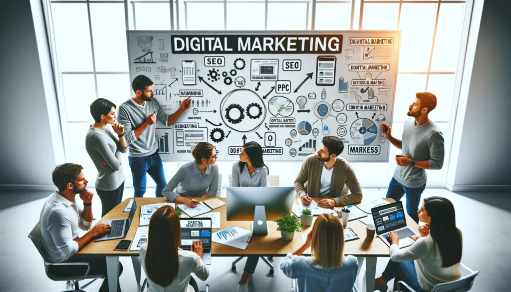 An image of a diverse team of startup entrepreneurs collaboratively working around a digital marketing strategy board, highlighting key tactics such as SEO, PPC, and content marketing. They are engaging in a brainstorming session, surrounded by compu