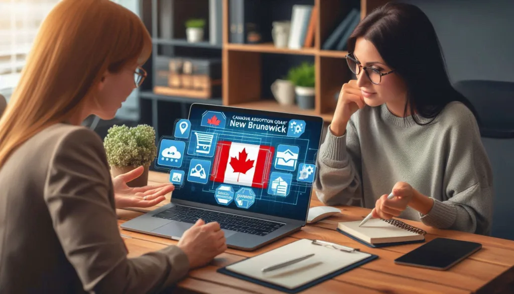 A small business owner in New Brunswick discussing digital marketing strategies with a consultant. They are reviewing a laptop screen displaying e-commerce platforms and digital marketing tools. The image represents the Canadian Adoption Grant for Di