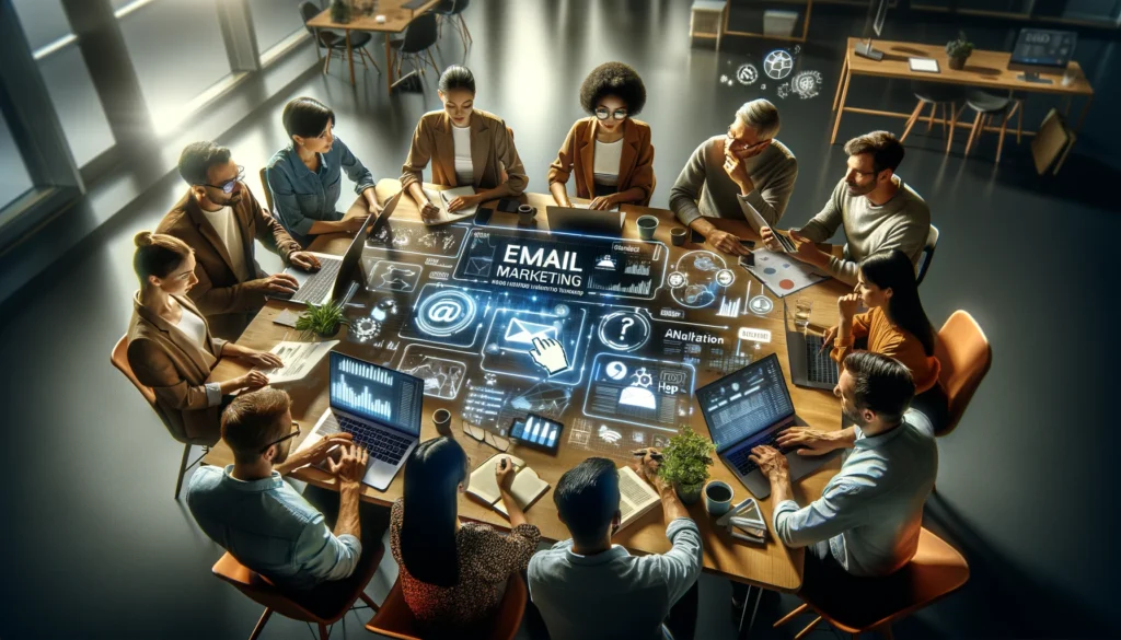 Digital marketing experts discussing the importance of email marketing in a modern office setting. Around a table equipped with laptops and digital devices, a diverse team collaborates on crafting personalized email campaigns, highlighting email mark