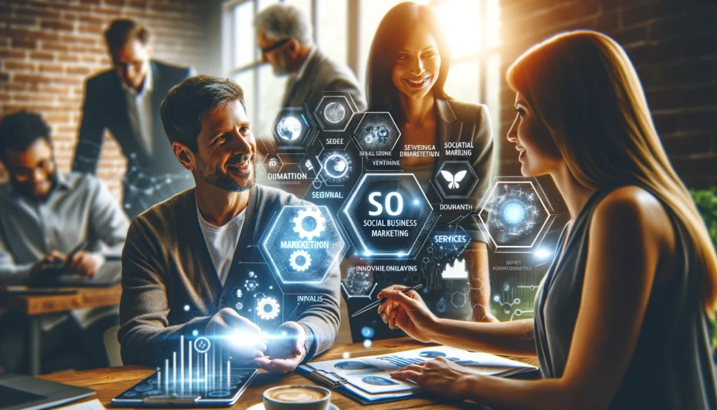 Small business owner consulting with a digital marketing expert, highlighting services for SEO, social media marketing, and innovative online strategies in a collaborative workspace environment. The image captures the essence of leveraging digital ma
