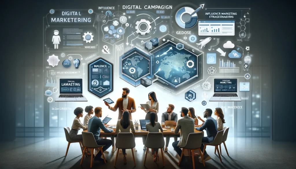 A diverse group of marketing professionals collaborating around a conference table, strategizing and discussing digital and influencer marketing techniques. One team member presents a digital campaign on a laptop, showcasing examples of influencer pa