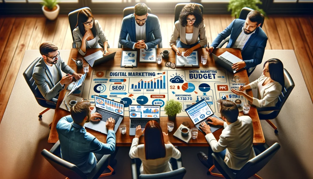 Crafting the Perfect Digital Marketing Budget for Your Business A team of marketing professionals from Mimra Digital Solutions collaborating with business owners around a conference table, discussing strategies for crafting the perfect digital market