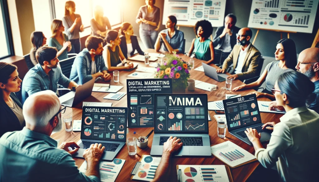 Local Moncton business owners engaged in a collaborative digital marketing workshop led by Mimra Digital Solutions experts. The image captures a dynamic group session where participants are deeply involved in learning about SEO strategies, utilizing 