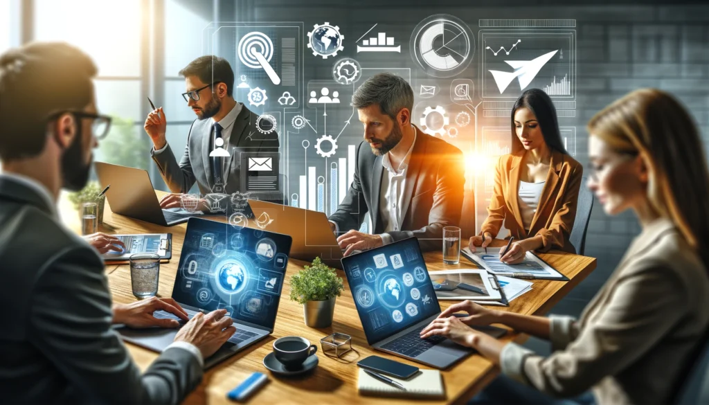 Professionals in a modern office engaging in digital marketing and email marketing strategies, discussing over laptops and digital devices, with graphics illustrating the comparison and integration of both marketing approaches to enhance business gro