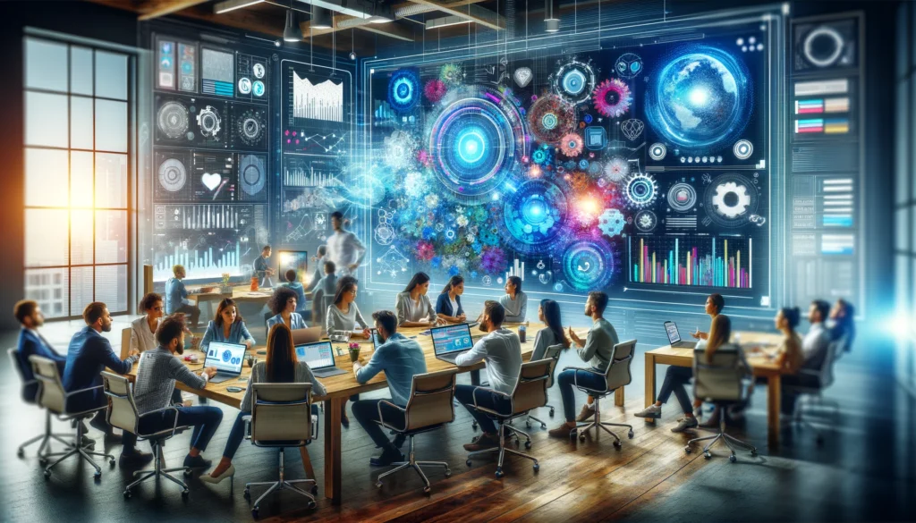 A vibrant and collaborative workspace where a diverse team of professionals are deeply engaged in digital marketing activities. They are brainstorming around a large digital screen, analyzing data, sharing insights on digital marketing strategies, an
