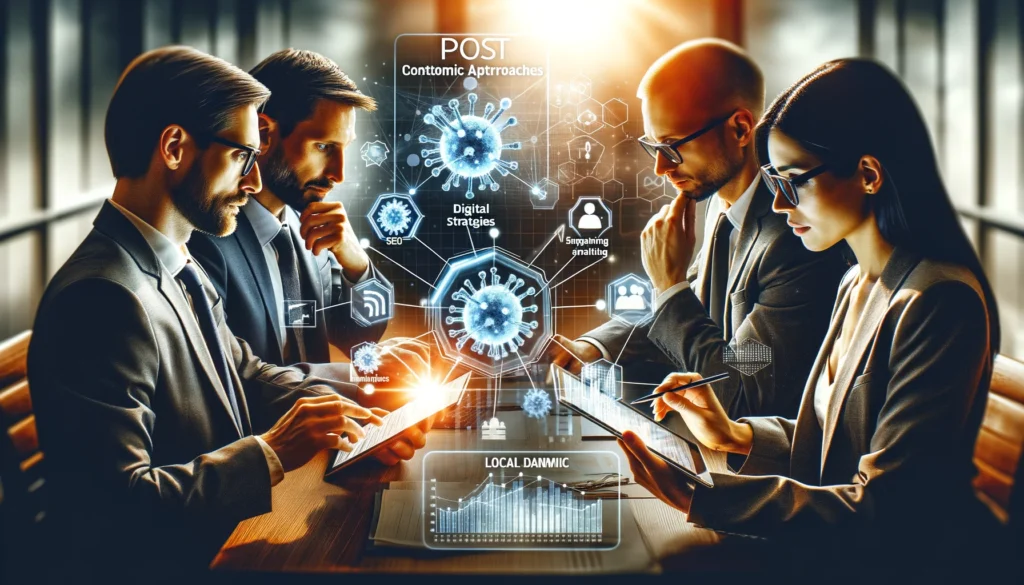 Business professionals in New Brunswick analyzing data and consumer trends on digital devices, highlighting the importance of analytics in shaping digital strategies. The team collaboratively plans post-pandemic digital marketing approaches, focusing
