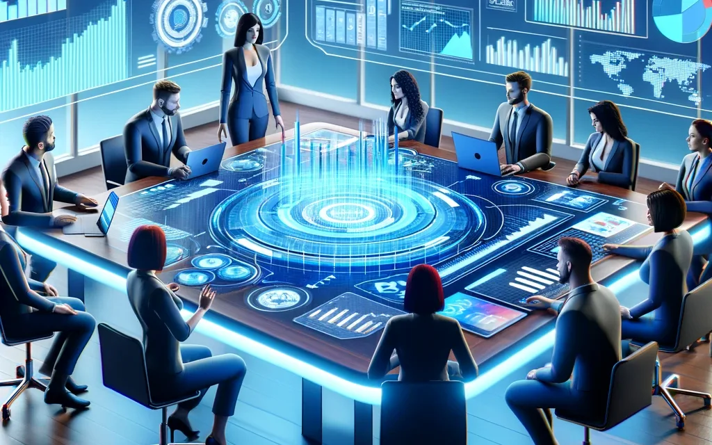 An enthusiastic team of digital marketing professionals collaborates over a high-tech digital table, displaying analytics and social media metrics, indicative of a cutting-edge Online Marketing Companies on the East Coast of Canada. They are engaged 