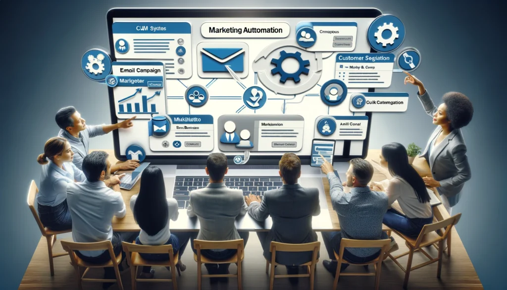 A team of diverse small business owners collaboratively working on a laptop, exploring marketing automation tools and strategies. They are engaging with a CRM interface on the screen, highlighting features such as email campaign management and custom