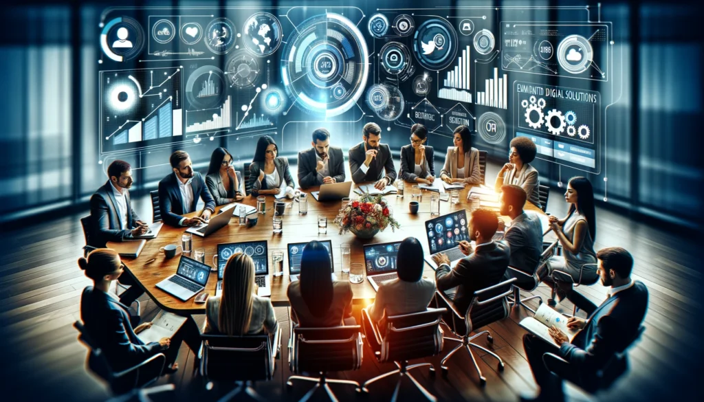 A diverse team of marketing professionals gathered around a conference table, engaging in a strategic planning session. The scene captures a moment of collaboration as they discuss integrating social media into their digital marketing strategy, with 