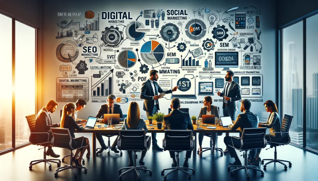 Create an image that realistically depicts a team of digital marketing professionals strategizing around a conference table, with a focus on diverse roles within the team. The scene includes visible elements of digital marketing and social media mark