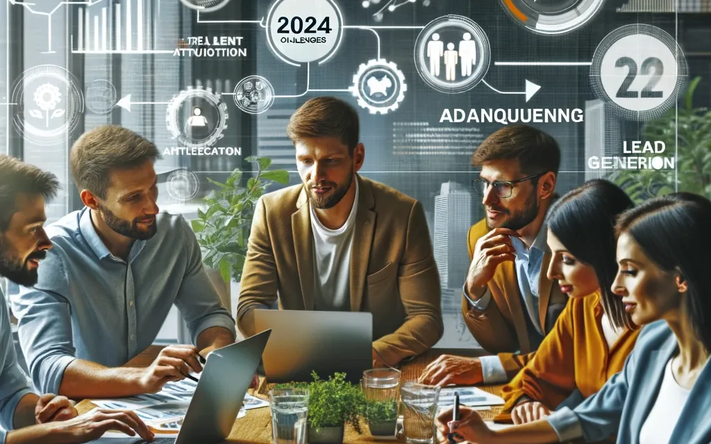 "Digital marketing team brainstorming strategies for 2024 challenges, focusing on aligning sales and marketing strategies, talent acquisition, advocating brand values, and content creation for lead generation, in a collaborative office environment. d