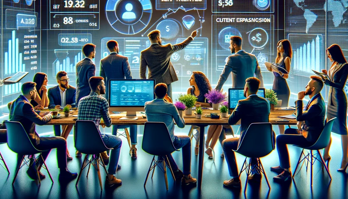 A dynamic team of digital marketing professionals gathered in a modern Moncton office, strategizing over the launch and growth of their agency. They're surrounded by screens displaying the latest trends and pricing strategies, while engaging in discu