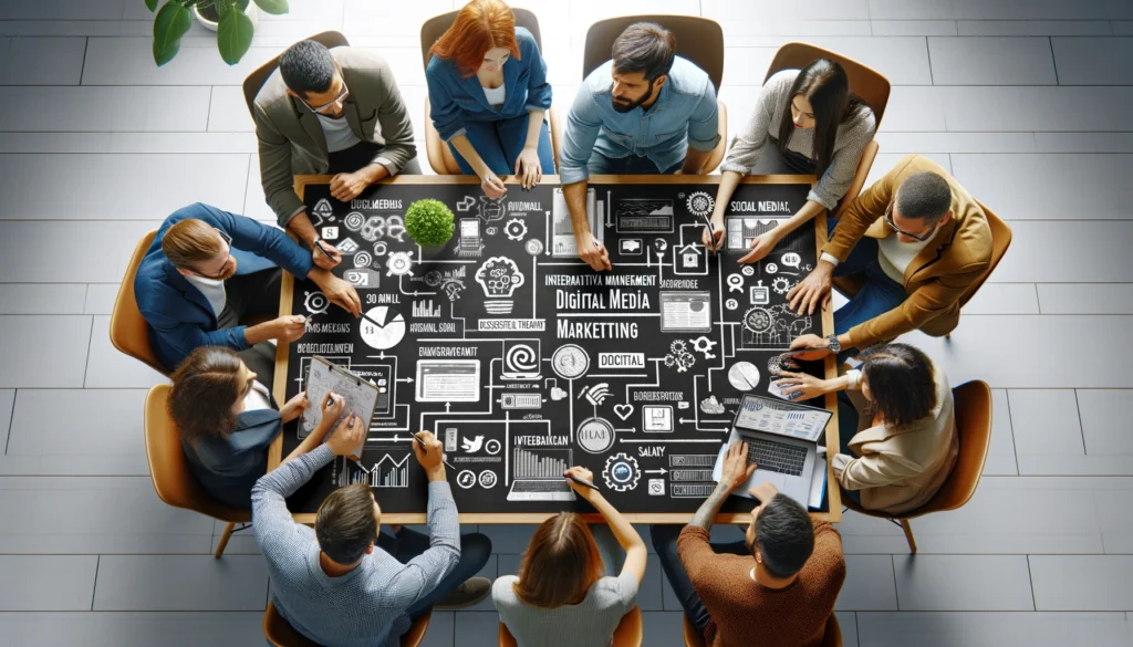 A team of diverse professionals at Mimra Digital Solutions collaboratively strategizing over a digital marketing campaign, integrating social media management with wider digital marketing efforts, showcasing examples of successful projects, and discu