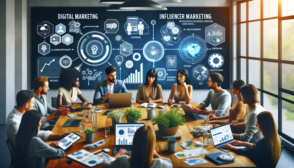 A diverse group of marketing professionals collaborating around a conference table, strategizing and discussing digital and influencer marketing techniques. One team member presents a digital campaign on a laptop, showcasing examples of influencer pa