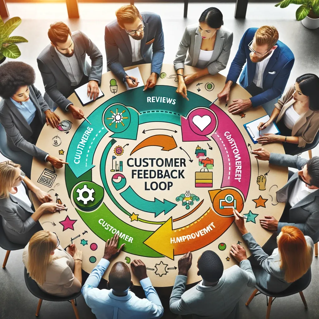 Group of diverse professionals analyzing a colorful circular flowchart that represents the customer feedback loop, with sections labeled for customer reviews, product improvement, customer happiness, and feedback encouragement, symbolizing a strategy
