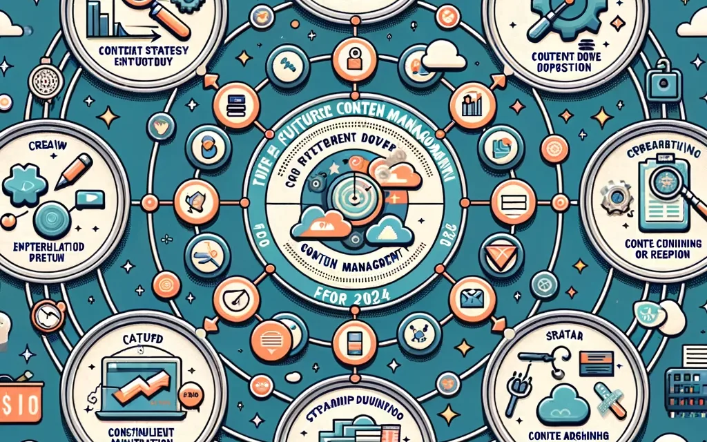 An infographic illustrating the future of content management for the year 2024, featuring six circular, interconnected icons that represent the following stages: 1. Crafting a cutting-edge content strategy with SEO integration, 2. Creating engaging a