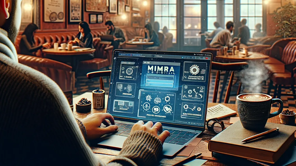Business owner using Mimradigital's digital growth agency services on a laptop in a coffee shop, surrounded by marketing resources and a workshop banner.