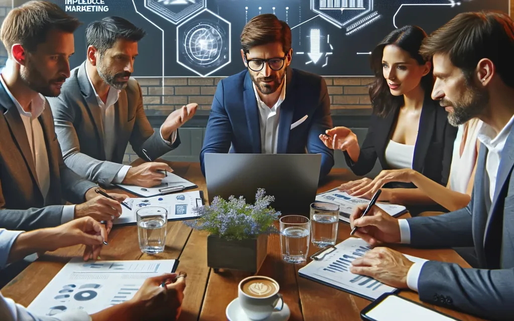 marketing-experts-brainstorming-around-a-table-analyzing-data-driven-insights-on-a-laptop-for-enhancing-online-advertising-strategies-includ- digital marketing advertising